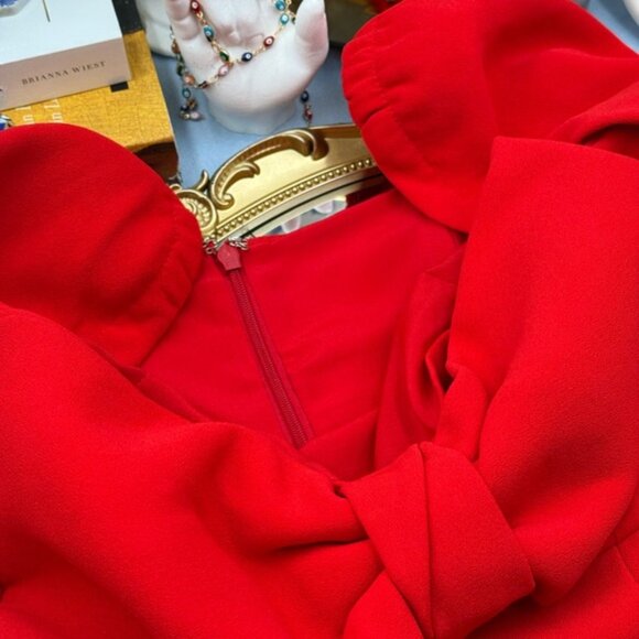 🆕 SELF-PORTRAIT 🧿 NWOT Red Crepe Bow Long Sleeve Mini Dress, Sz UK 14 US 10 - Picture 10 of 15
